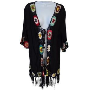 Dasayo Granny Square Crochet Trim Swim Coverup Kimono Black